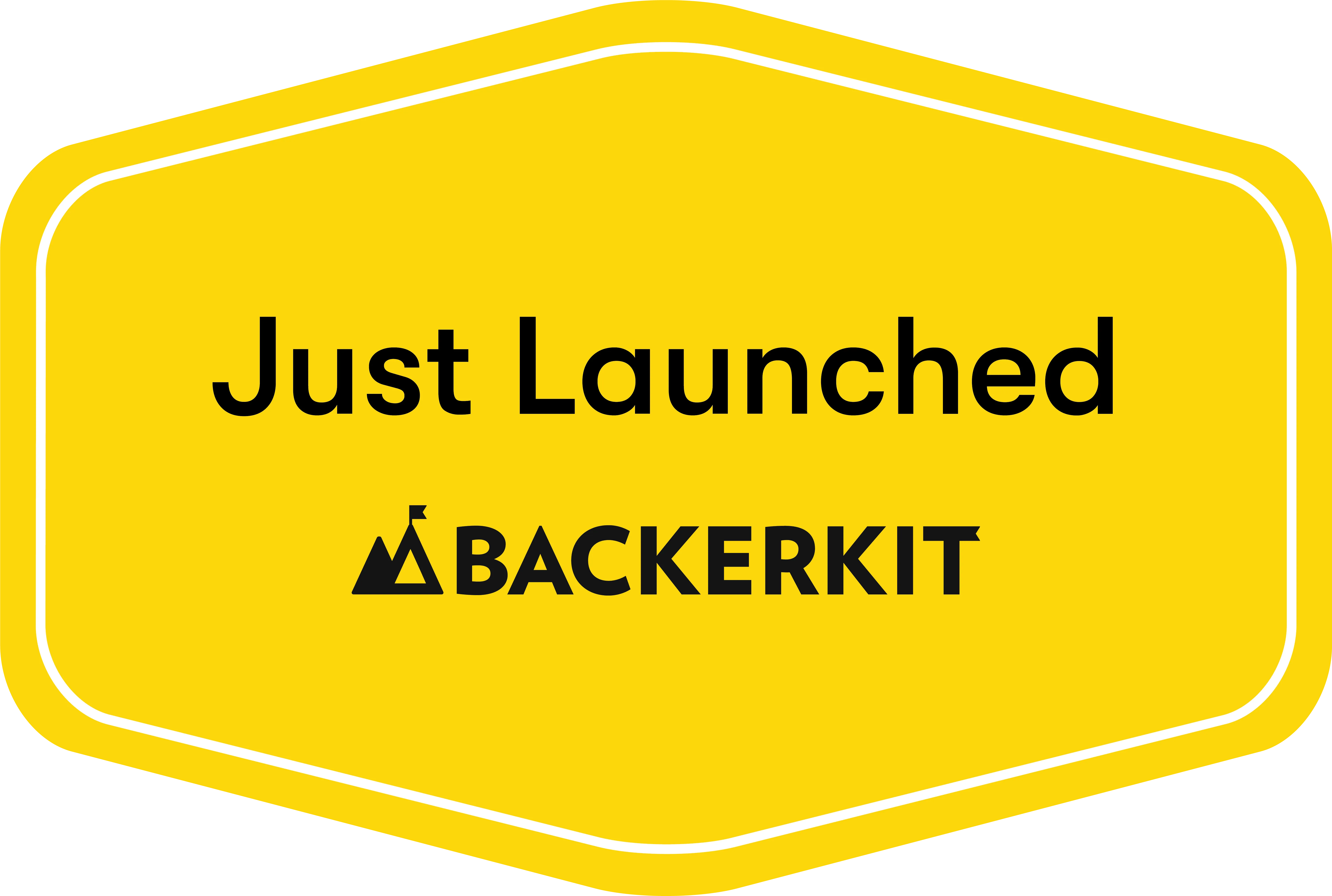 A gold diamond-shaped rhombus with black text that says 'Just Launched BackerKit'